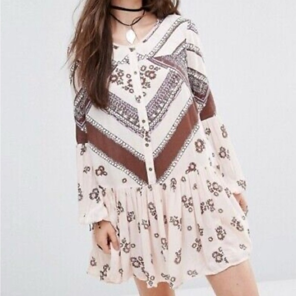 FREE PEOPLE From Your Heart Mini Dress Boho Long Sleeve Flowy Bohemian - Picture 4 of 15